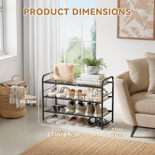 Image of Shoe Rack, 3 Tier 27 inch Wide Metal Mesh Shoe Organizer for Closet Holds up to 9-12 Pairs, Stackable, Black
