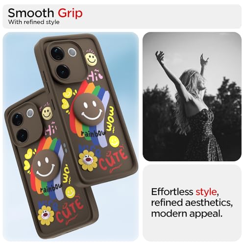 Image of Pikkme Back Cover for Vivo T3 Pro 5G / iQOO Z9s Pro 5G | Soft Silicone| Cute Rainbow Smile & 3D Cartoon Flower Design | Shockproof Raised Camera Protection Bumper Case (Brown)
