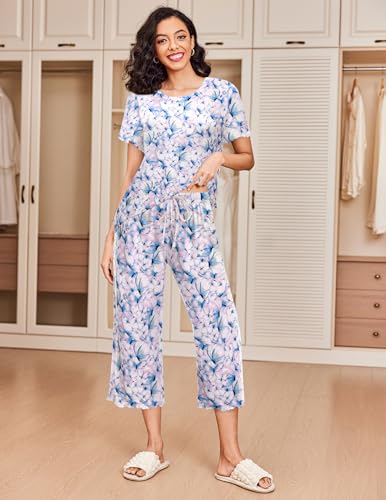 Image of Ekouaer 2 Pack: Women's Pajamas Set Short Sleeve Sleepwear Capri Pants Pjs Soft Loungewear with Pockets