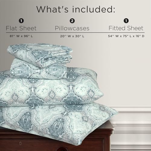 Image of Briarwood Home Printed Flannel Sheet Set, 100% Natural Cotton, Soft, Warm & Deep Pocket, Advanced Nano-Tech Making it Resistance to Pilling; Brushed 6 Times for Softness (Damask Navy, Full)