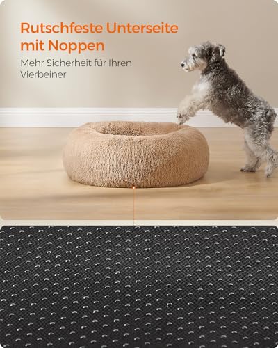 Feandrea Hundebett flauschig, Katzenbett, Donut Kissen, waschbar, Polsterung in der Mitte herausnehmbar, Langer Plüsch, 70 cm Durchmesser, Kamelbraun PGW039K01