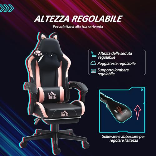Sedia Gaming Ergonomica con Orecchie da Gatto, Poltrona Gaming Ufficio Reclinabile in Finta Pelle con Poggiapiedi, Poggiatesta e Altezza Regolabile, Supporto Lombare e Cervicale, Nero - Sedia gaming - Immagine 4