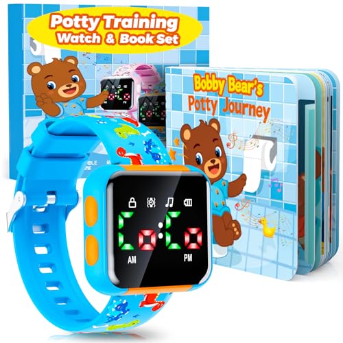 Etuwoe Potty Training Watch and Board Book for Kids: Water Resistant Potty Watches for Toddler Boys Rechargeable Toilet Reminder Dinosaur Toddler Watch 1-3 Birthday Gifts for 2 3 4 Year Old Boy (Blue)