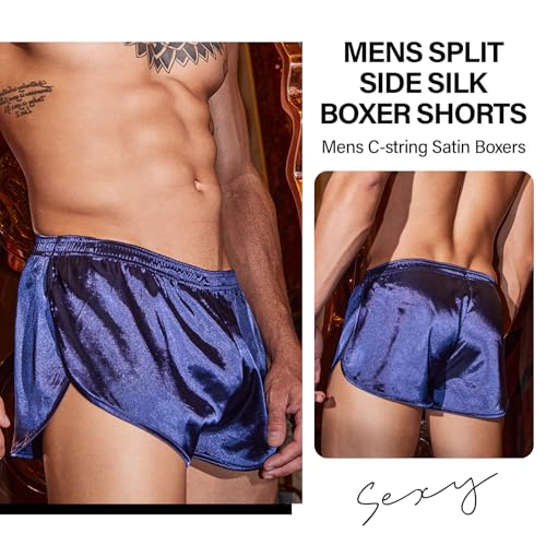Mens C-string Satin Boxers Sexy Underwear Split Side Silk Boxer Shorts Night Pajama Bottoms2