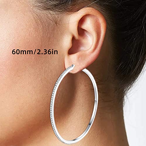 18K White Gold Plated Sterling Silver Post Cubic Zirconia Hoop Stud Earrings 15Mm-60Mm Options, Big Silver Hoop Earrings Hypoallergenic Jewelry (60Mm) #TOP2