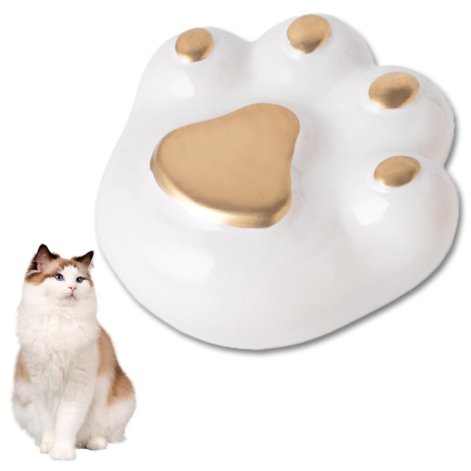 Duuclume Paw Print Pet Urn for Ashes,Cute Ceramic Keepsake Box for Dog or Cat,Beautiful Memorial with Sealed Lid, Moisture & Dust Proof (Gold White)