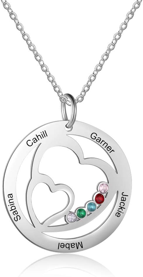 Personalized Mothers Name Heart Necklace with 5 Simulated Birthstones Necklace for Mother Necklace Family Jewelry for Mothers Day