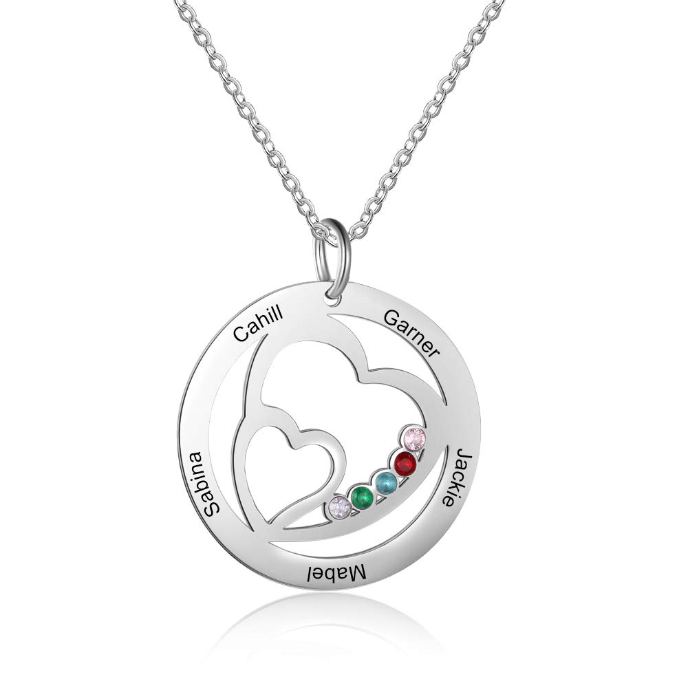 Personalized Mothers Name Heart Necklace with 5 Simulated Birthstones Necklace for Mother Necklace Family Jewelry for Mothers Day