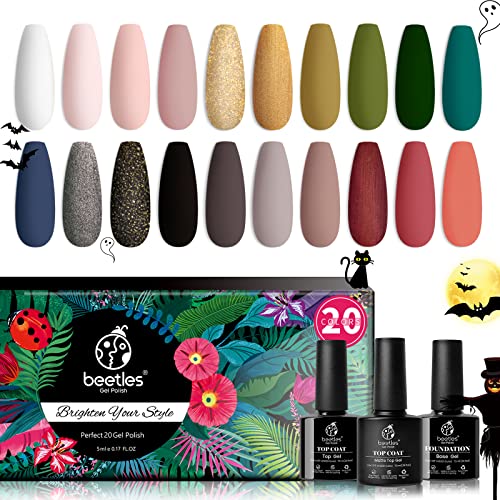 Beetles Nagellack Gel, 20 Gel Nagellack 5ml Nageldesign-Sets mit Unterlack und Überlack Glänzend und Matt 7.5ml, UV / LED Lampe Trocken, Gel für Nageldesign Maniküre Cover