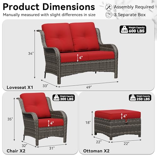 Image of 5 Piece Outdoor Wicker Patio Furniture Set, Patio Chairs Set with Thickened Olefin Cushions, High Back and Deep Seating, Hand-Woven PE Rattan, Ottoman for Porch, Deck