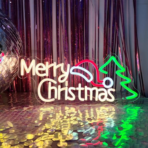 Image of Merry Christmas Neon Signs for Wall Decor, Christmas Hat & Tree Neon Signs, Led Lighted Signs for Home, Living Room, Bedroom, Happy Party & Bar Decoration, 16.9 inch x 7.5 inch