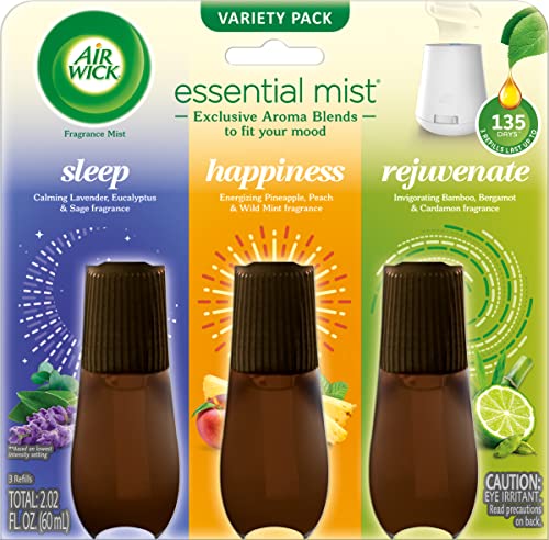 Air Wick Essential Mist Refill, 3 ct Multipack, Sleep, Happiness, Rejuvenate, Essential Oils Diffuser, Air Freshener Air Wick Essential Mist Refill, 3 ct Multipack, Sleep, Happiness, Rejuvenate, Essential Oils Diffuser, Air Freshener