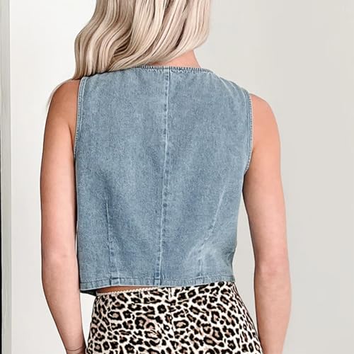 HOXIJIA Women Bow Tie Crop Denim Vest Casual Crew Neck Sleeveless Open Front Baggy Tank Top Summer Slim Fit Jean Waistcoat4