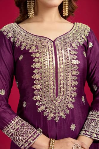 Image of Women's Embroiderd Chinnon Fabric Sharara Top and Dupatta for Women Purple wedding salwar suit readymade