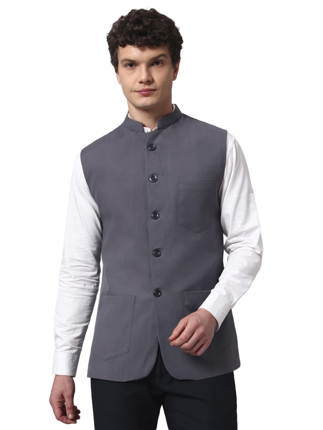 Men’s Cotton Blend Nehru Jacket | Slim Fit Self-Design Modi Jacket with Mandarin Collar & Pockets