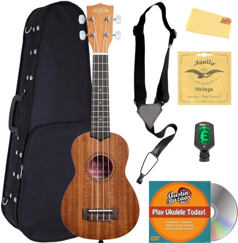 Kala KA-15S Mahogany Soprano Ukulele Bundle with Hard Case, Tuner, Strap, Austin Bazaar Instructional DVD, and Polishing Cloth