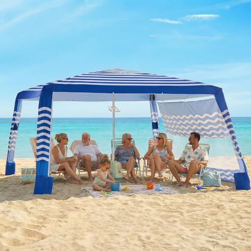 Zeraty Beach Cabana 8'×8', Portable Beach Canopy with Side Wall, Easy Pop Up UPF 50+ Silver-Coated Beach Tent Sun Shelter, Wind Resistant Adjustable Height Beach Umbrella Tent for Family, Navy Blue