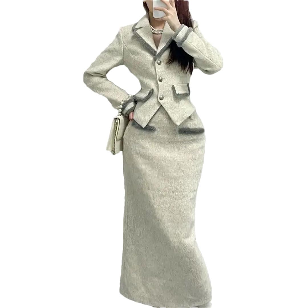 Womens Lapel Single-Breasted Slim-Fit Commuter Suit Jacket and Hip-Hugging Woolen Maxi Skirt Set