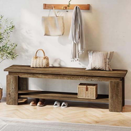 Tribesigns Banco de Entrada de Madera Maciza 160 cm, Banco para Zapatos con Estante de Almacenamiento, Banco Rústico Estilo Farmhouse para Entrada, Pasillo, Dormitorio y Pie de Cama, Vintage Marrón