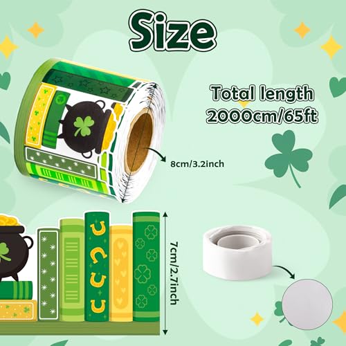 Image of BeYumi Shamrock Bookshelf Border Trim - 65ft St Patrick's Day Green Books Rolled Border Trim Green Shamrock Bookshelf Bulletin Board Set Library Classroom Office Chalkboard Home Wall Party Decoration
