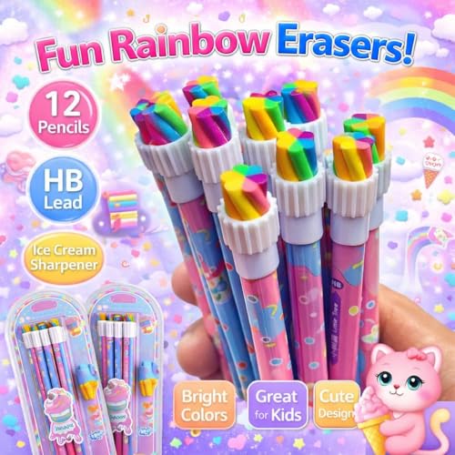 Image of 12 Pcs HB Pencils Set with Cute Ice Cream Erasers - Cartoon Theme Colourful School Pencils for Girls, Boys, Kids, Drawing, Homework, Birthday Return Gifts, Stationery Kit