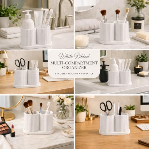 Image of Aesthetic Toothbrush Holder for Bathroom, Dual Cup Ribbed Design, Toothbrush & Toothpaste Organizer Stand, Modern Bathroom and Stationery Accessories Holder (White)