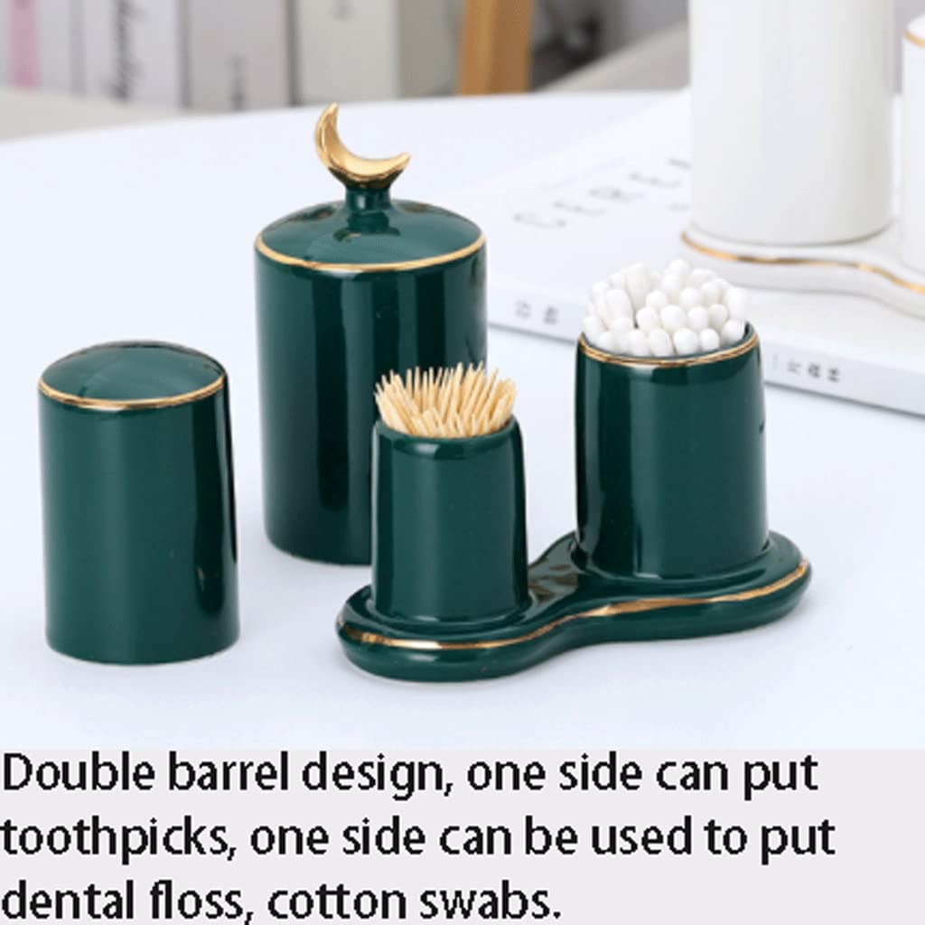 Hermoso soporte de cerámica para palillos de dientes con tapa, contenedor de palillos de dientes de doble barril, práctico dispensador de palillos de dientes