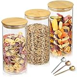 Amuseday - 3 recipientes de almacenamiento de vidrio con tapas, redondos, 1,162.3 g, bambú, tarro de espaguetis y tarros de almacenamiento para arroz, té, granos de café, fideos de galletas