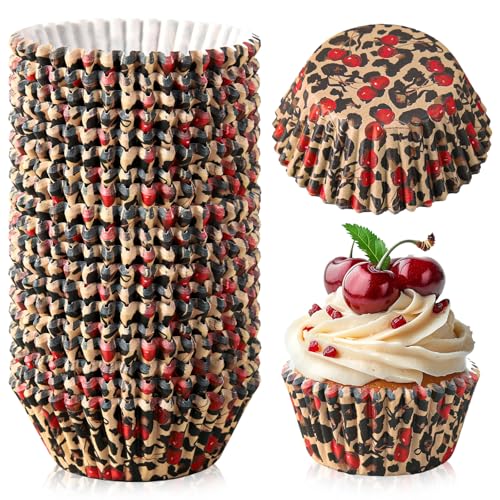 JarThenaAMCS 300 Pcs Leopard Print Cherry Cupcake Liners Cheetah Print Paper Baking Cups Standard Muffin Cupcake Wrappers for Animal Themed Holiday Wedding Baby Shower Birthday Party Supplies