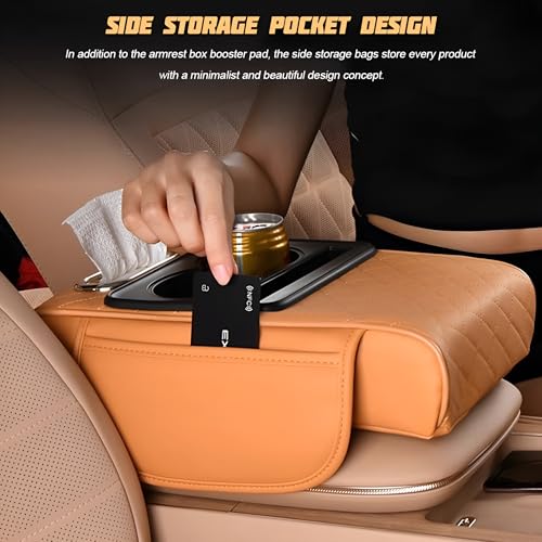 Image of Zpana Car Center Console Armrest Pillow, Memory Foam Leather 4 in 1 Vehicle Arm Rest Cover with Tissue Box 2 Side Storage Bag Cup & Phone Holder, Auto Armrest Cushion, Universal Fit (Beige)