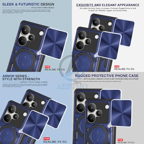 Image of AESTMO Tough Armor Realme P4 5G Bumper Back Case Cover | Ring Holder & Sliding Camera Shield Cover | 360 Degree Protection Back Case Cover for Realme P4 5G (D20 Blue)