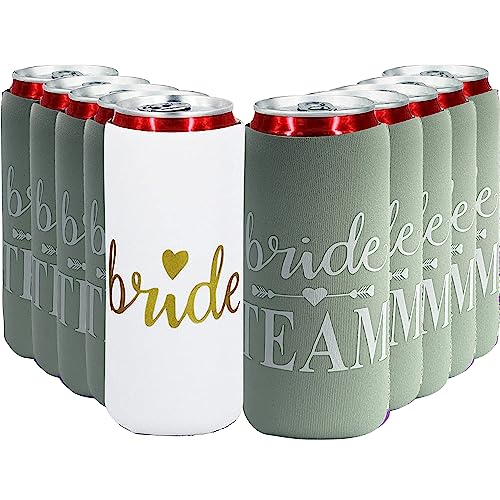 LADY&HOME Bridesmaid Gifts Can Coolers Set of 10, Bride and Team Bride Slim Can Sleeves for Wedding Bachelorette Party Favors Decorations Accessories (Sage green) by LADY&HOME - Used condition - US$14.80