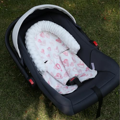 Image of Baby Car Seat Head Support Cushion and Strap Cover for Girls - Infant Carseat Insert Support Soft Minky Newborn Headrest Seatbelt Covers for Car Seat,Stroller,Bouncer,Pink Love