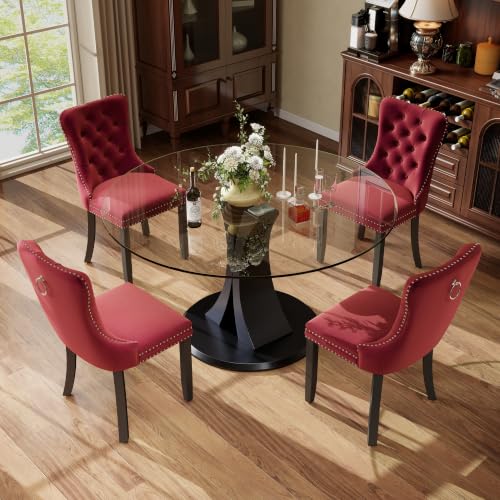 Image of 5-Piece Dining Table Set with 47 in Tempered Glass Kitchen Table and 4 Velvet Upholstered Chairs, Modern Scandinavian Furniture for Dining Room Kitchen(Burgundy)