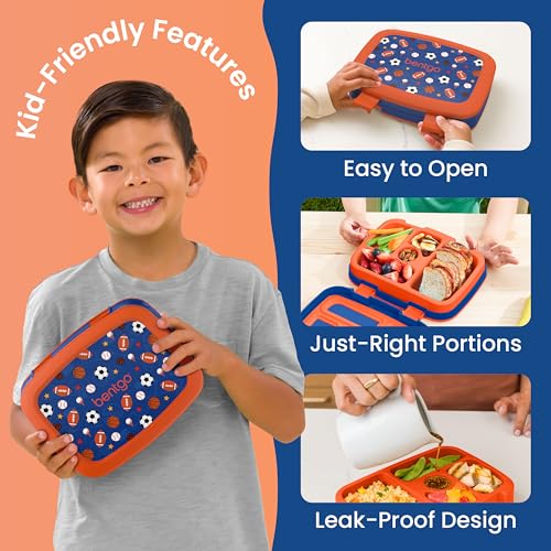 Image of Bentgo Kids Prints Leak-Proof, 5-Compartment Bento-Style Kids Lunch Box - Ideal Portion Sizes for Ages 3-7, Durable, Drop-Proof, Dishwasher Safe, & PFAS & BPA-Free Materials (Sports)