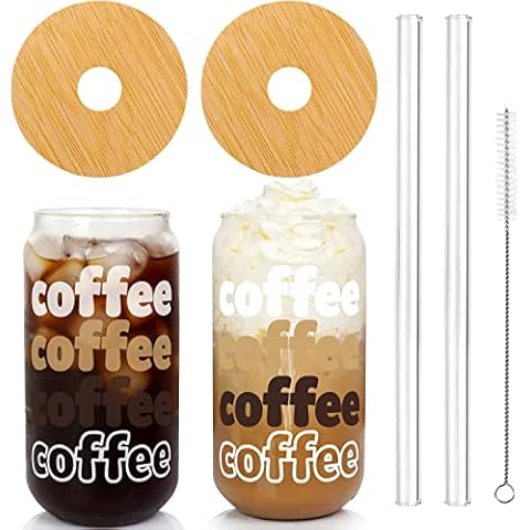 Iced Coffee Cup with Lids and Straw, ANOTION Beer Can Glass Bamboo Cover Straw 20 Oz Reusable Drinking Glasses Tumbler for Travel Office Home Ice Tea Margaritas Soft Drinks Juice, Brown Cover