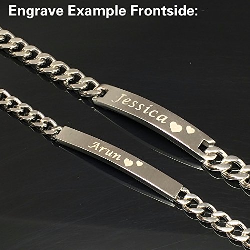 NEHZUS Personalized Stainless Steel ID Bracelet Set, His and Hers Couples Jewelry, 316L Steel Chain with Cubic Zirconia, 7.87-8.66 Inches (Silver Couple) - Thumbnail 6