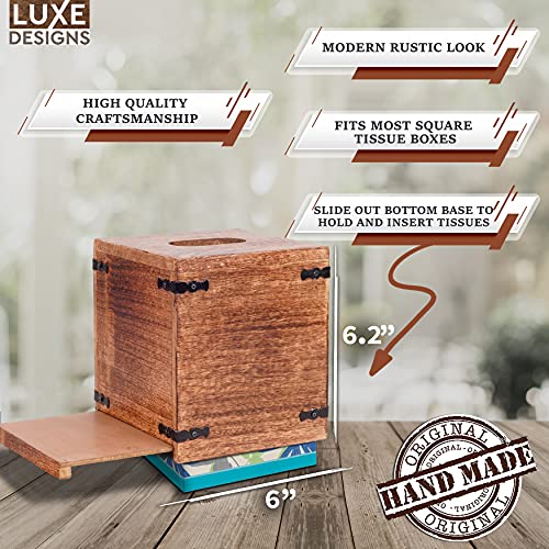 Luxe Designs Rustic Wood Tissue Box Cover with Slide-Out Bottom Panel - Decorative Mango Wood Tissue Box Holder for Bathroom, Car, or Office Desk - 5.7 x 5.7 x 6.5 Inches, Natural (Set of 2)