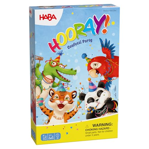 HABA Hooray Confetti Party – Jeu dès 3 Ans avec dés et confettis colorés – Reconnaissance des Couleurs et des Formes pour 2 à 4 Joueurs – 2012214003