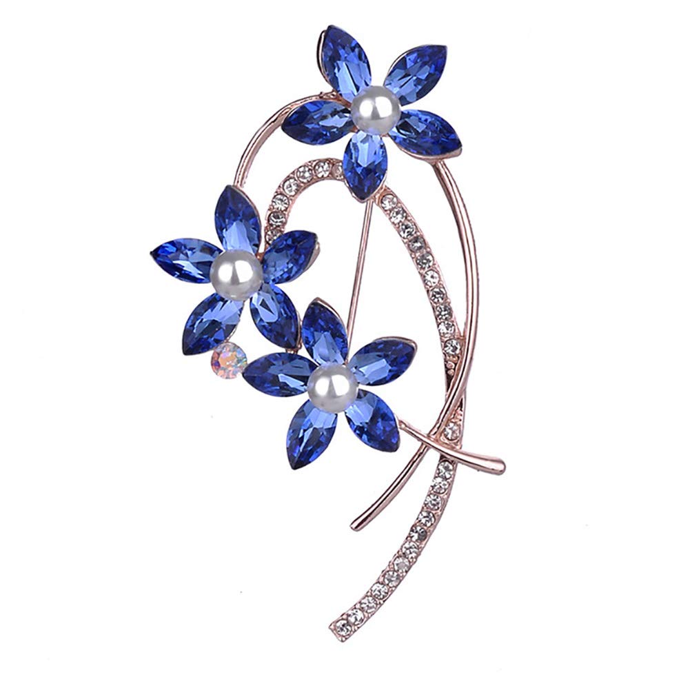 FOReverweihuajz Women Brooch Glitter Flower Faux Pearl Rhinestone Inlaid Pin Corsage for Clothes Accessories Birthday Gifts Jewelry Blue