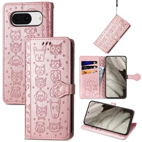 Étui pour Google Pixel 6 or rose à rabat portefeuille cuir antichoc motif mignon