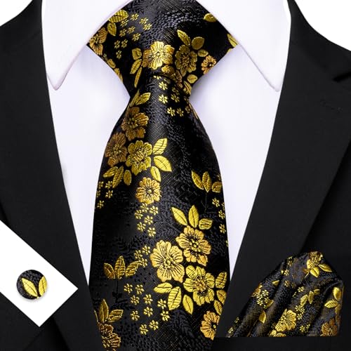 Image of Barry.Wang Flower Ties for Men Silk Woven Floral Tie Sets Necktie Handkerchief Cufflinks Wedding Party