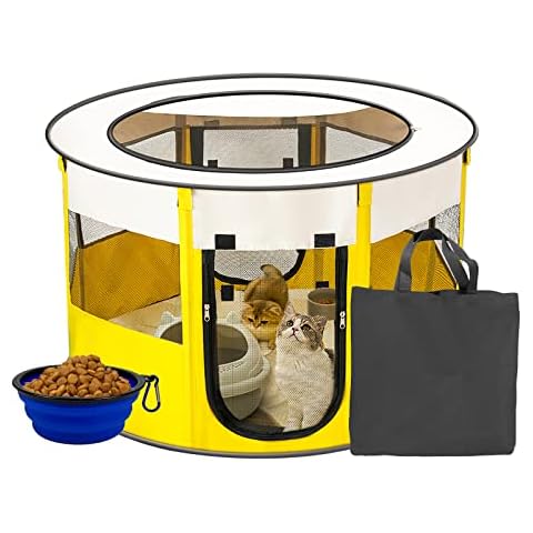 Krightlink Portable Foldable Pet Playpen for Small Dog and Cat, Foldable Puppy Pet Exercise Pen Dog Tent with Collapsible Travel Bowl, Indoor/Outdoor (Middle, Yellow) Cover