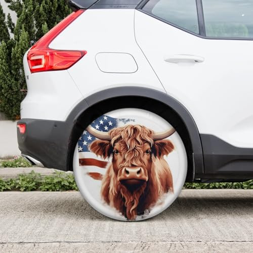 Image of Spare Tire Cover for RV Trailer, American Highland Cow Tire Covers Universal Fit for Travel Trailer Camper Jeep RV SUV Truck Waterproof Wheel Cover (15 inch for Diameter 27 inch - 29 inch),A-1019