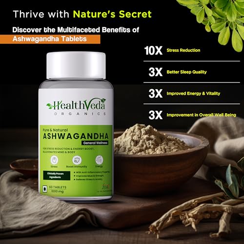 Image of Health Veda Organics Ashwagandha 1000mg | 60 Veg Tablets | Stress Relief, Energy & Immunity Support | Potent Herbal Supplement