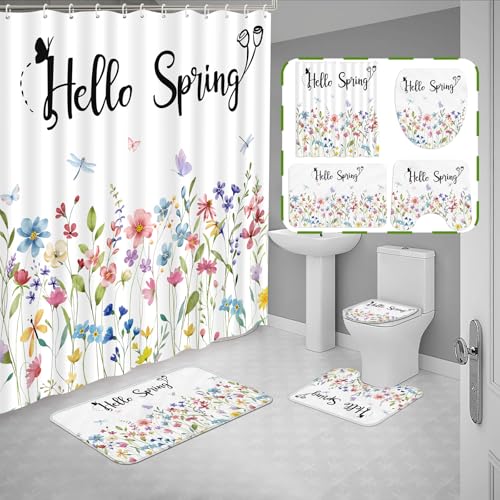 Tieshankao 4 Pcs Spring Shower Curtain Bathroom Set - Floral Butterflies Non Slip Rugs Toilet Lid Cover Bath Mat with 12 Hooks Decor for Easter - Style 4