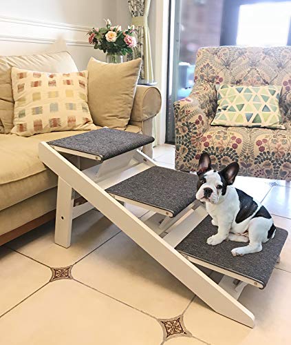 PAWLAND 2-in-1 Portable Folding Pet Stairs for Dogs, Cats, high beds, Wood Pet Safety Beside Dog Ramp,Dog Steps, Easy Climb Pet Step Stool (White)