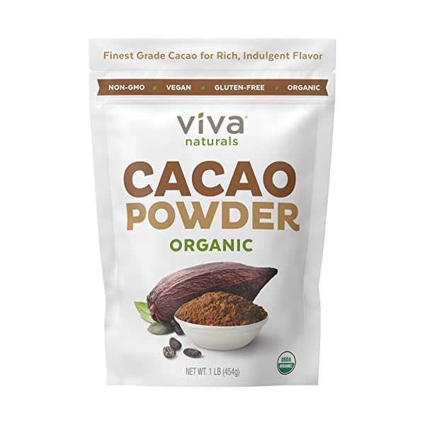 Viva-Naturals-1-Best-Selling-Certified-Organic-Cacao-Powder-from-Superior-Criollo-Beans-1-LB-Bag Viva Naturals Organic Cacao Powder, 1lb - Unsweetened Cacao Powder With Rich Dark Chocolate Flavor, Perfect for Baking & Smoothies, Non-GMO, Certified Vegan & Gluten-Free, 454 g