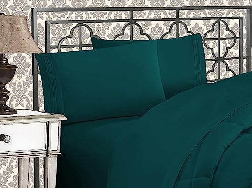 Elegant Comfort Luxurious 1500 Premium Hotel Quality Microfiber Three Line Embroidered Softest 4-Piece Bed Sheet Set, Wrinkle and Fade Resistant, Full, Marine Teal
