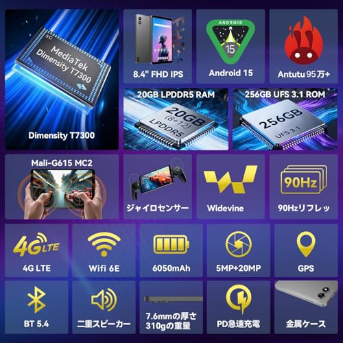 【ゲーミングタブレット】BNCF タブレット 8インチ Android 15、MTK Dimensity 7300、8コア、20GB+256GB+1TB拡張、8.4" FHD IPS 1920x1200、90Hz高リフレッシュレート、5MP+20MP、4G LTE+Wifi 6E+BT 5.4+GPS+6軸ジャイロ、6050mah